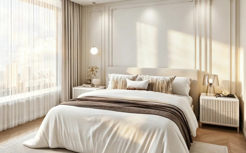 Bản phối hoàn hảo giữa phào chỉ tường tinh tế, ánh sáng ấm bản và các bề mặt chất liệu dệt may cao cấp.
