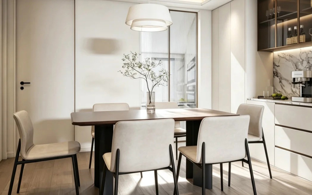Hệ tủ pantry kịch trần kết hợp đá marble vân mây sang trọng mang lại vẻ đẹp ngăn nắp tuyệt đối cho khu vực ăn uống.