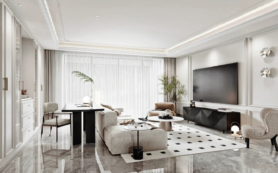 Sự liên kết nhịp nhàng giữa hệ trần giật cấp nhẹ và những đường phào chỉ đối xứng tạo nên diện mạo sang trọng cho không gian.